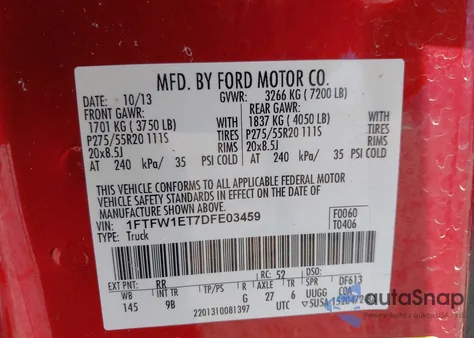 2013 Ford F-150 Platinum из США, поврежденный, VIN 1FTFW1ET7DFE03459